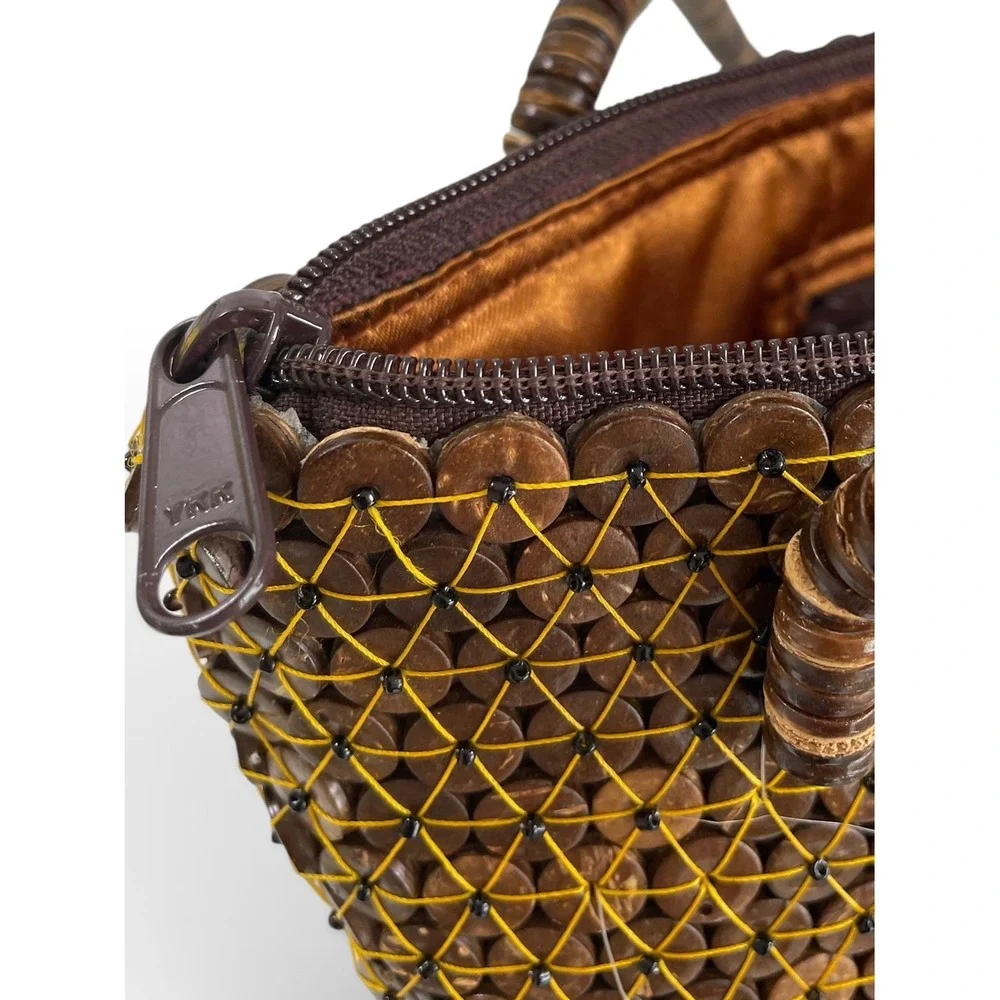 Y2K Handmade Coconut Shell Beaded Boho Handbag Artisan Crafted Brown Tote Purse
